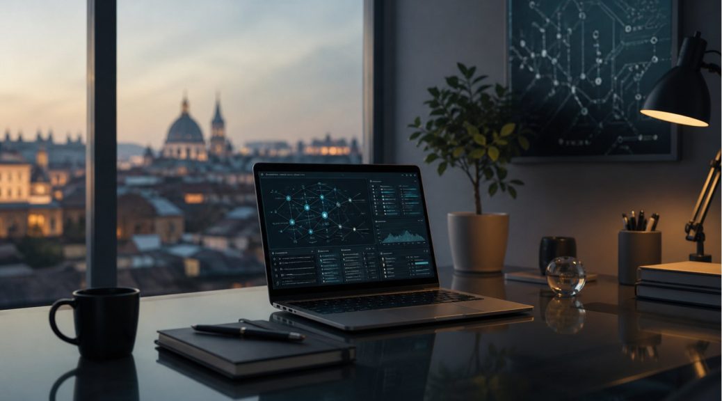Modern technology workspace with AI dashboard for Acerbo Livio Tech